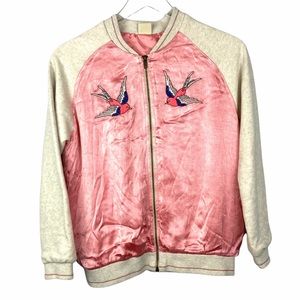 Zara Girls Pink and Cream Embroidered Satin Bomber Jacket Size 13/14